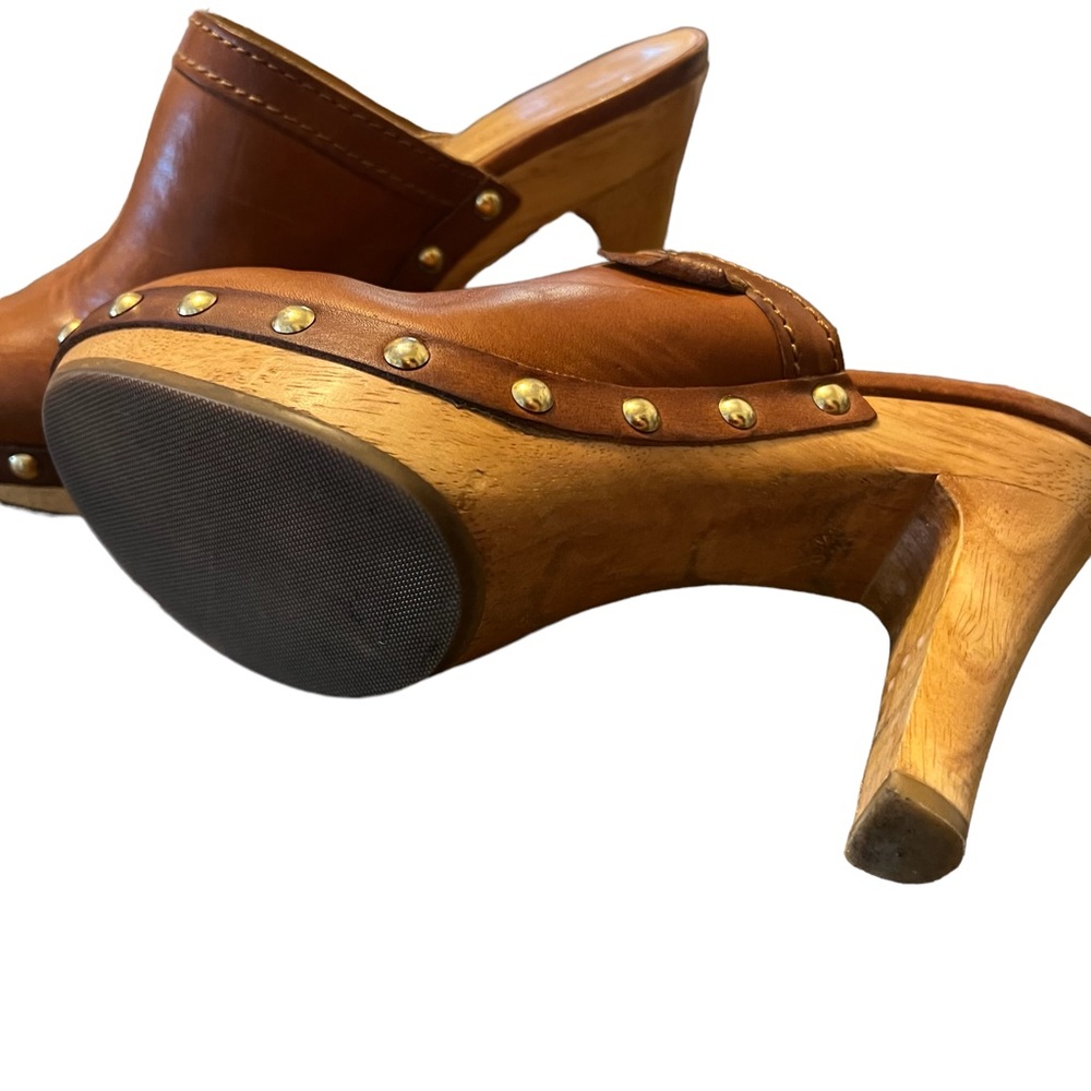 Leather Studded Brown Clog Heels - Picture 2 of 10